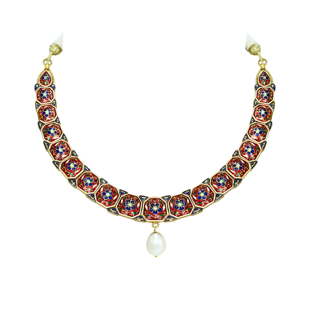 Polki Necklace with Gold Frame and Central Pearl Drop